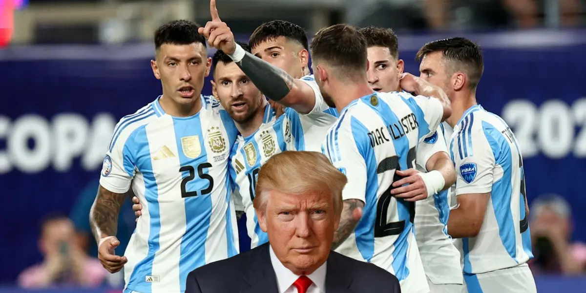 Donald Trump poses for a picture and the Argentina national team celebrate together. (Source: Getty Images, Roy Nemar X)