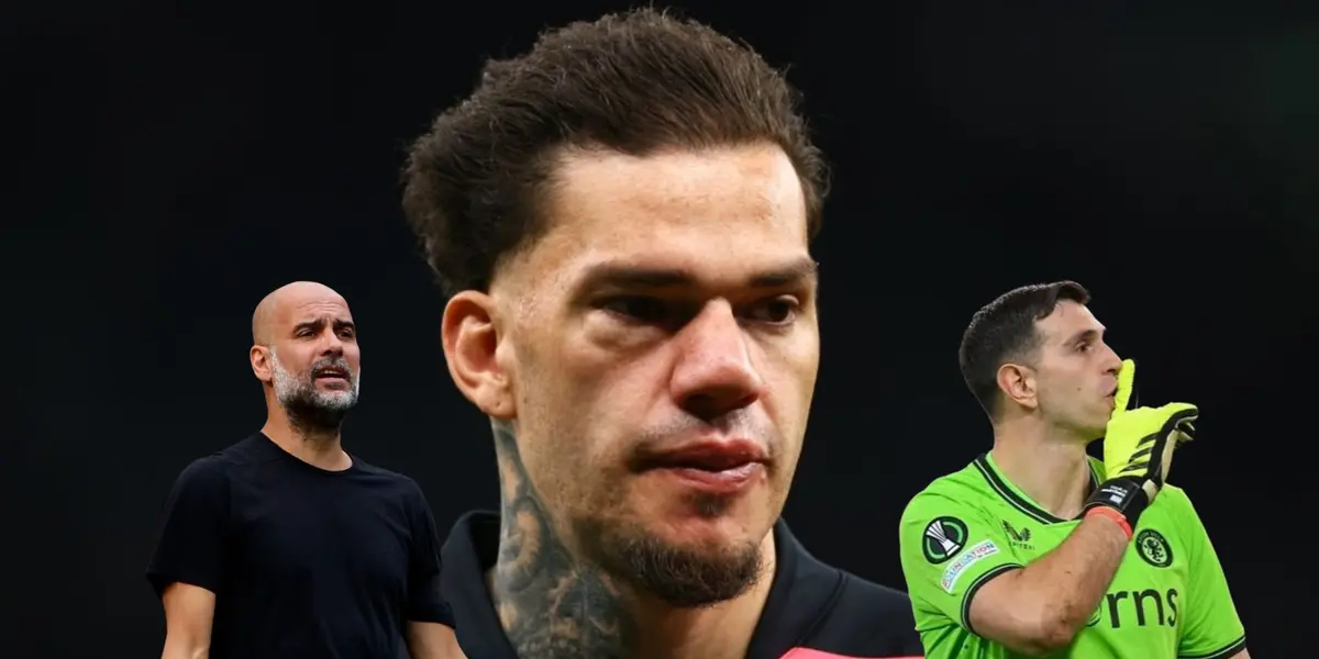 Ederson has pain on his eye while Pep Guardiola looks upset and Emi Martinez shushes the crowd.