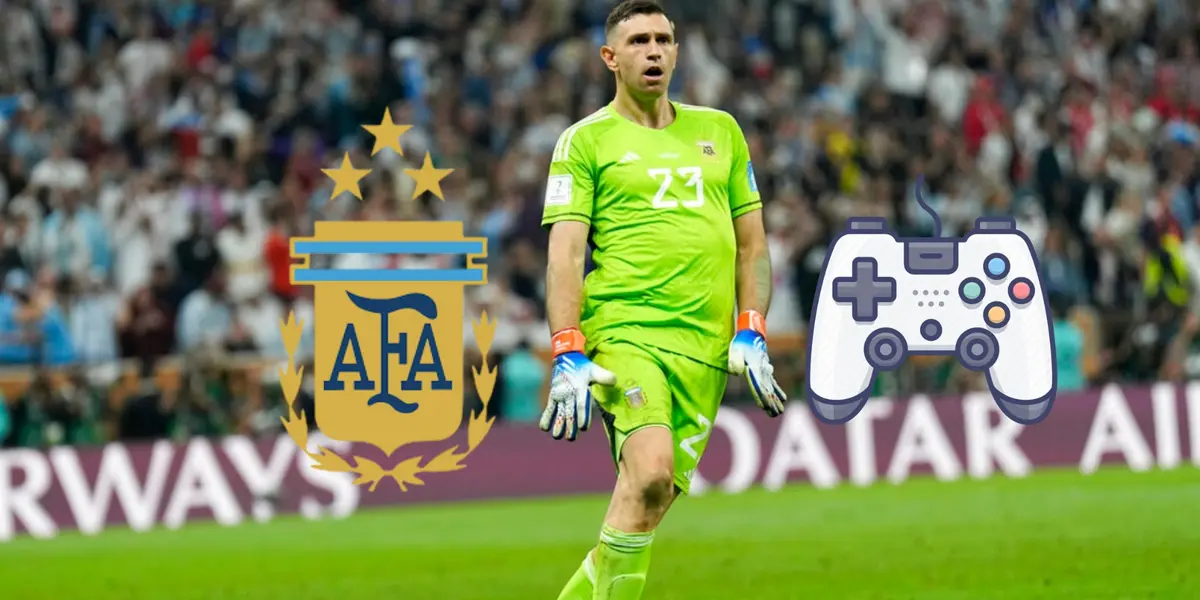 Emiliano Martinez celebrates with the goalkeeper Argentina kit while the Argentina badge and a video game controller is next to him.