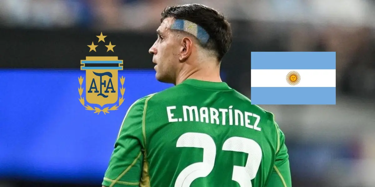 Emiliano Martinez looks to the side as the Argentina national team badge and the Argentina flag is next to him. (Source: AlbicelesteTalk X)