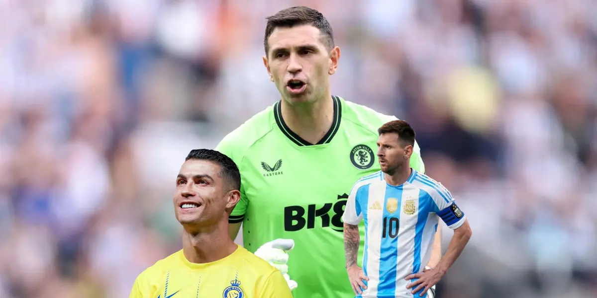 Emiliano Martinez runs while wearing the Aston Villa goalkeeper jersey; Cristiano Ronaldo smiles while wearing the Al Nassr jersey and Lionel Messi has his hands on his hips while wearing the Argentina kit.