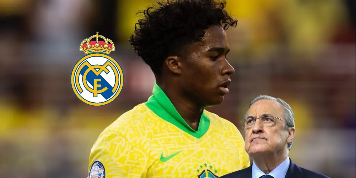 Endrick looks down with a Brazil jersey on while Real Madrid badge is next to him and Florentino Perez looks up. (Source: Madrid Xtra X)