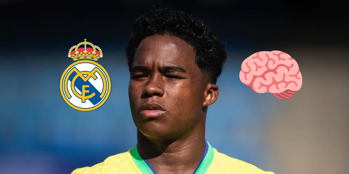 Endrick looks focused as he wears the Brazilian national team while the Real Madrid logo and the brain emoji is next to him. (Source: Centre Goals X, Icon Duck)