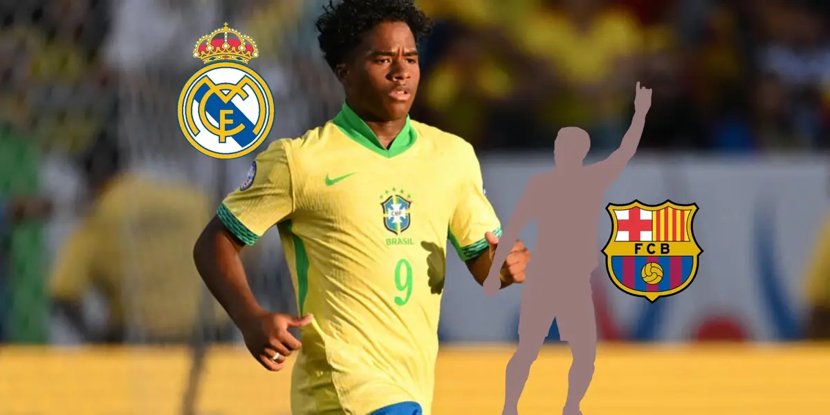 Endrick runs on the pitch with a Brazil jersey on as the Real Madrid badge is next to him while a mystery player is next to the FC Barcelona badge. (Source: AFP, X)