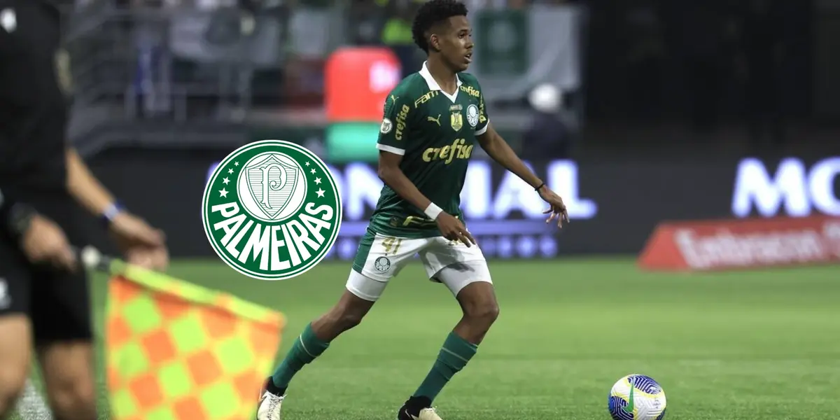 Estevão Willian dribbles the ball while playing for Palmeiras and the club badge is to the side of him. (Source: Mohxmmad X)