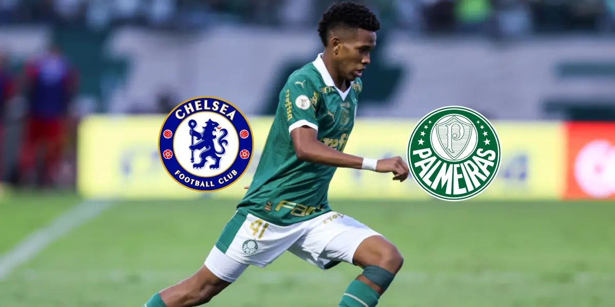 Estevão Willian dribbles with the ball as the Palmeiras and Chelsea badges are next to him. (Source: Fabrizio Romano X)