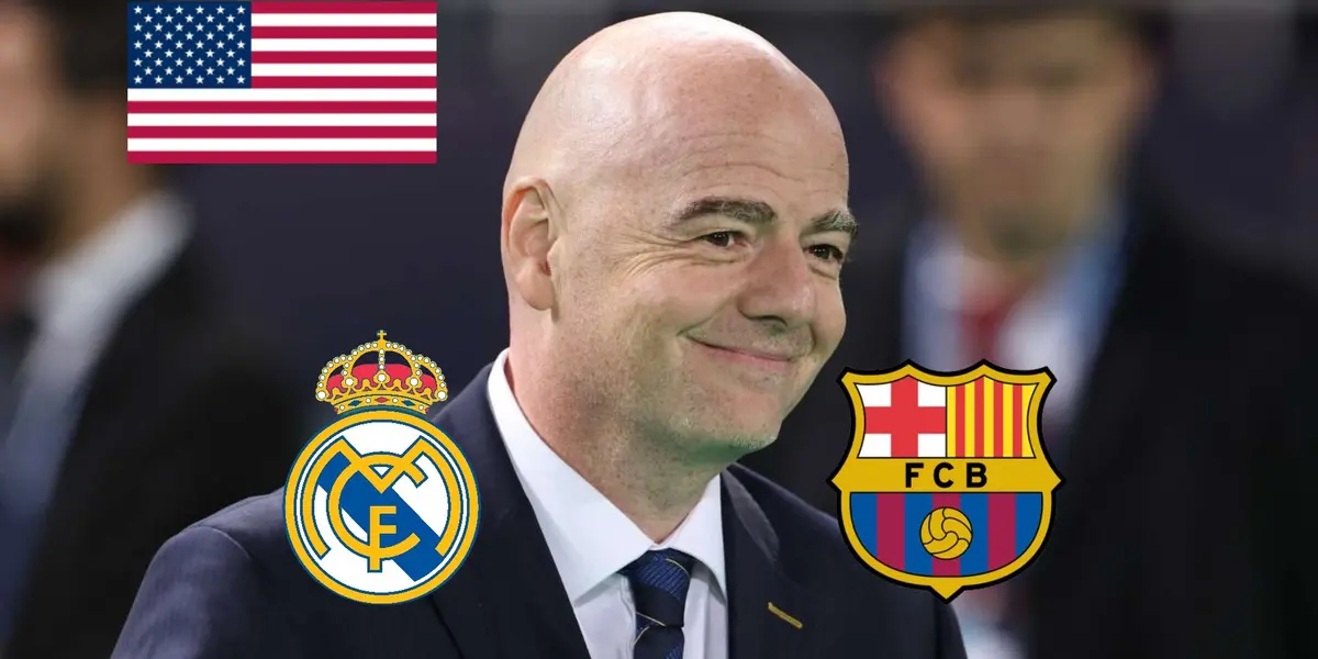 Gianni Infantino smiles while the USA flag is on the left and the Real Madrid and FC Barcelona badges are below.