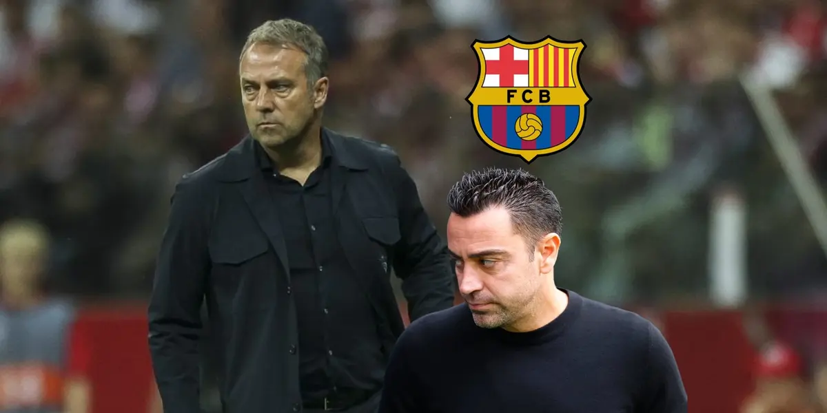 Hansi Flick looks onto the pitch while Xavi Hernandez glances to his right; the FC Barcelona logo is on top of Xavi.