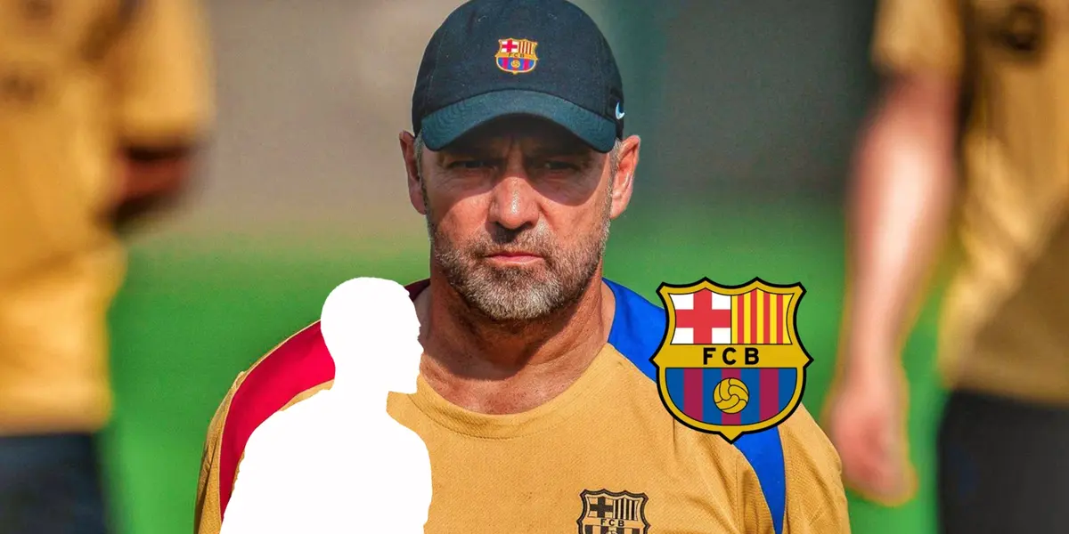 Hansi Flick wears the FC Barcelona training outfit with a hat on as a mystery player is next to the club badge. (Source: Barca Times X)