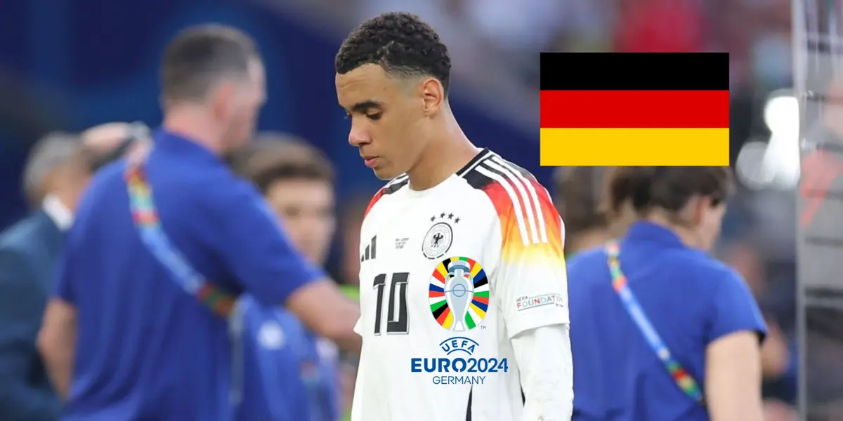 Jamal Musiala looks upset with the Germany national team jersey on as the EURO 2024 logo is on the shirt and the Germany flag is next to him. (Source: JilshieFCB X)