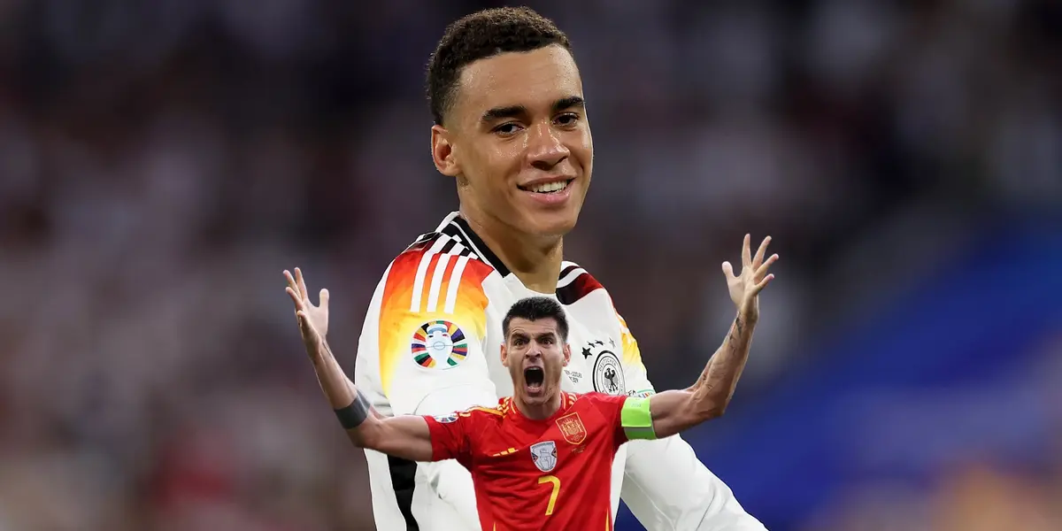 Jamal Musiala smiles as he scored for Germany at EURO 2024 while Alvaro Morata screams with a Spain jersey at EURO 2024. (Source: Getty Images, UEFA EURO 2024)