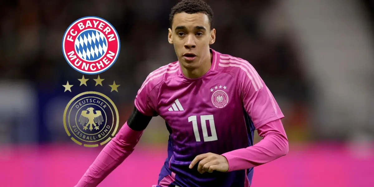 Jamal Musiala wears the pink Germany jersey while the Bayern Munich badge and the Germany national team badge is next to him. (Source: Getty Images)