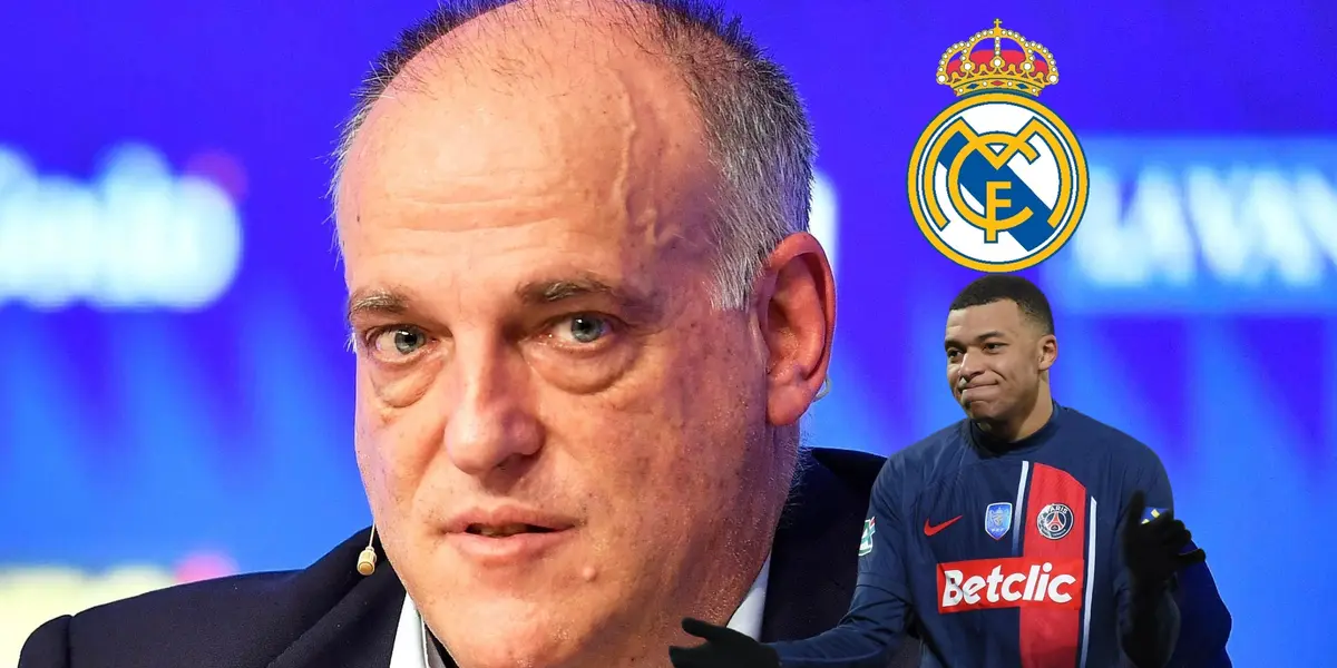 Javier Tebas looks at the camera while Kylian Mbappé looks disappointed and has a Real Madrid logo on top of him.