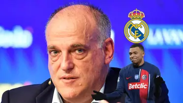 Javier Tebas looks at the camera while Kylian Mbappé looks disappointed and has a Real Madrid logo on top of him.