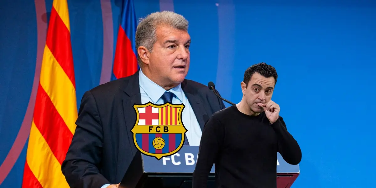 Joan Laporta speaks on a podium while Xavi Hernandez looks to the side and the FC Barcelona badge is next to them. (Source: Barca Universal X, Fabrizio Romano X)