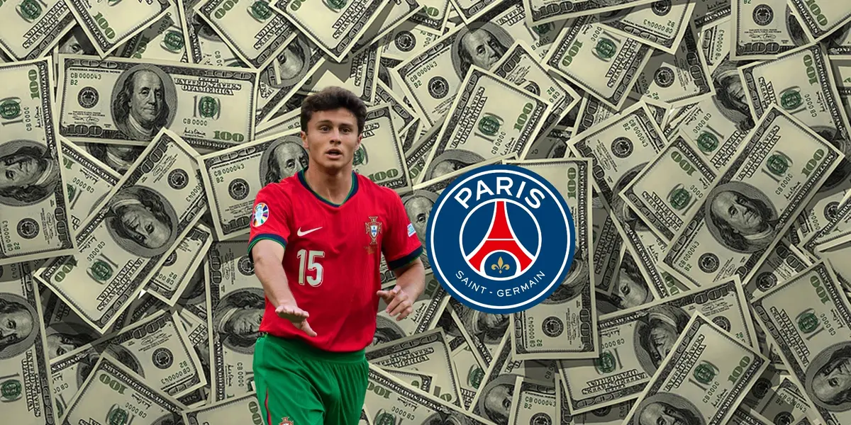 João Neves wears the Portugal jersey at EURO 2024 while he next to the PSG badge and money is in the background. (Source: DeadlineDayLive X)