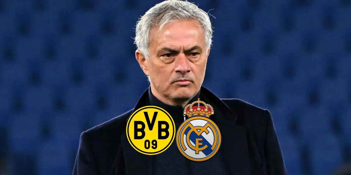 Jose Mourinho looks serious as the Borussia Dortmund and Real Madrid badges are below him.