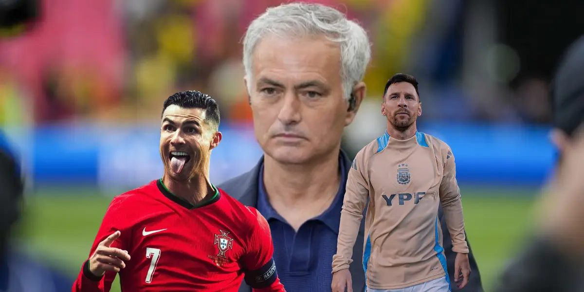 Jose Mourinho looks serious while Cristiano Ronaldo sticks out his tongue and Lionel Messi looks up.