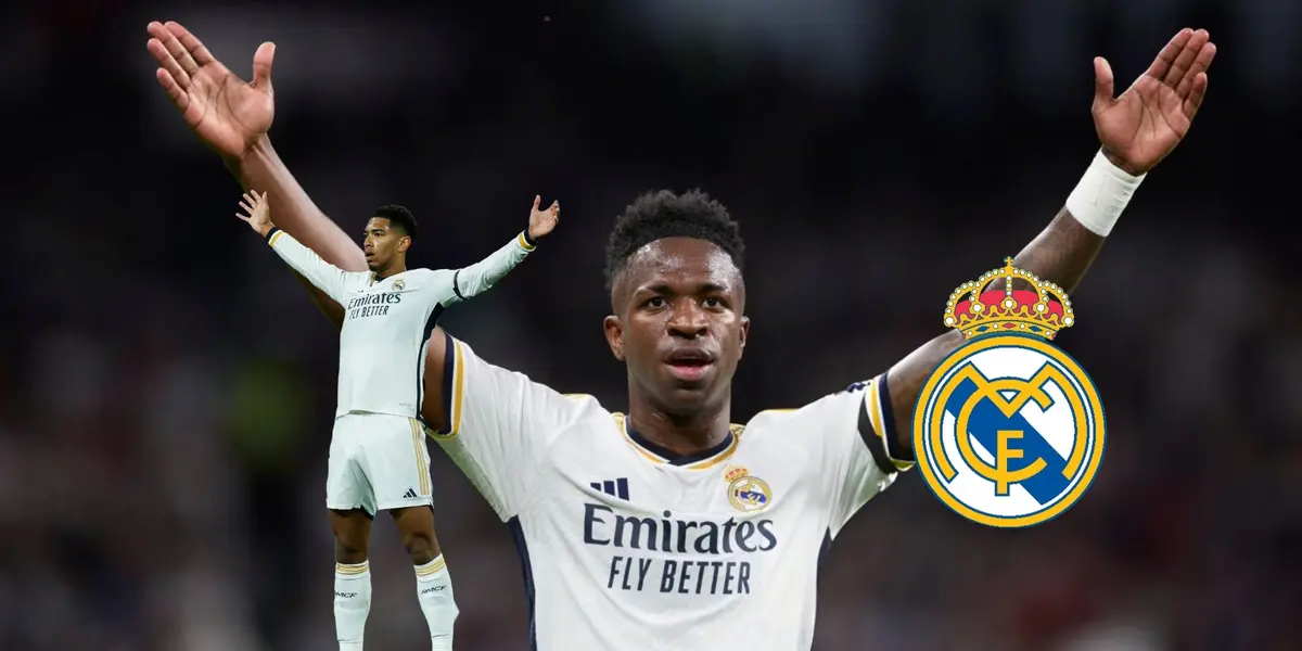 Jude Bellingham does his trademark celebration with his arms out and Vinicius Jr. puts his arms out as a Real Madrid logo is next to him.