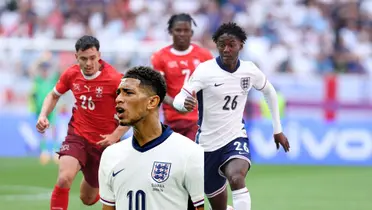 Jude Bellingham is angry as he wears the England jersey while Kobbie Mainoo runs for the ball in an England jersey. (Source: Statman Dave X)