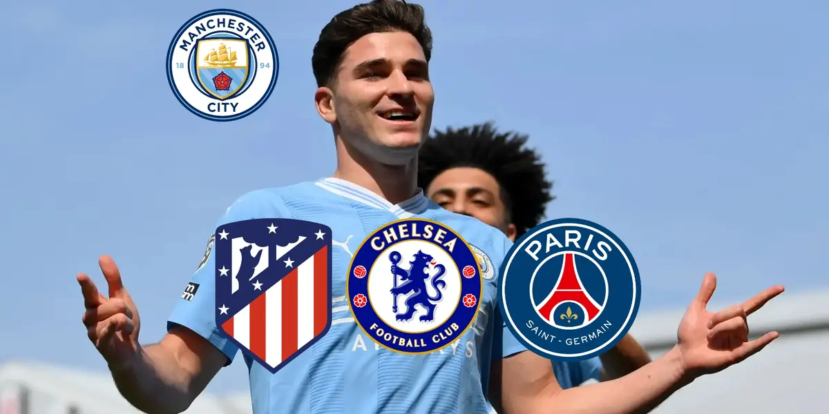 Julian Alvarez celebrates his goal with his trademark celebration while the badges of Atletico Madrid, Chelsea, and PSG are below him.