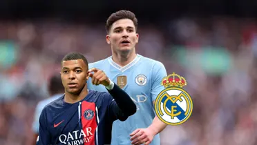 Julian Alvarez walks while wearing the Manchester City jersey; Kylian Mbappé puts his hand up and the Real Madrid badge is next to them.