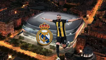 Karim Benzema celebrates his goal with Al Ittihad with the background of the renovated Santiago Bernabeu.