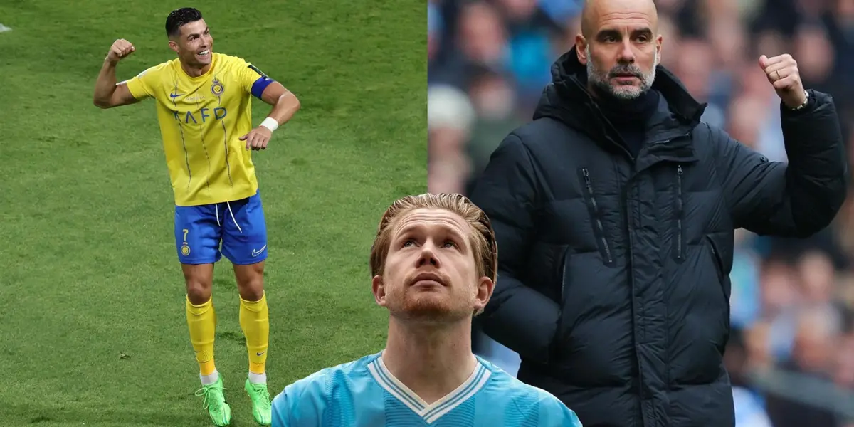 Kevin De Bruyne looks up while Cristiano Ronaldo is happy wearing an Al Nassr jersey and Pep Guardiola looks concerned pointing behind him.