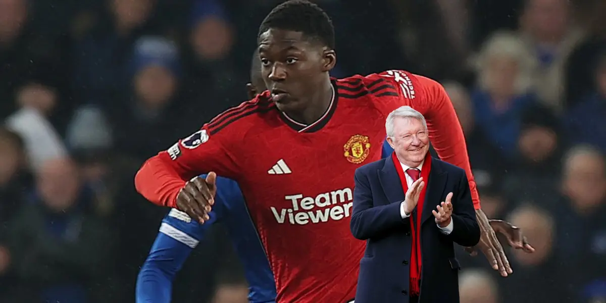 Kobbie Mainoo runs as he wears the Manchester United jersey while Sir Alex Ferguson smiles and claps. (Source: AP, BR Football X)