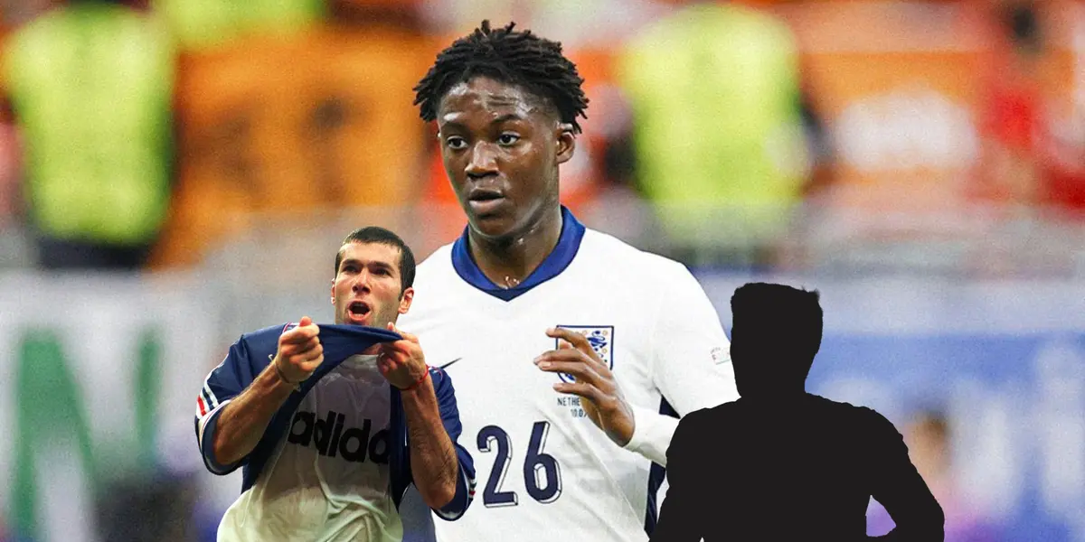 Kobbie Mainoo wears the England jersey at the EUROS while Zinedine Zidane celebrates a goal for France and next to him is a mystery player. (Source: AP, Centredevils X)