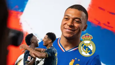 Kylan Mbappé smiles while wearing the France jersey; Vinicius Jr. and Jude Bellingham smiles together as the Real Madrid badge is next to them.