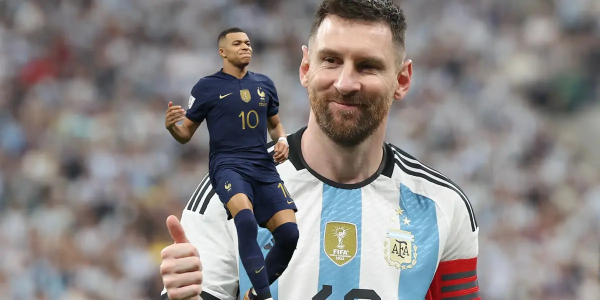 Kylian Mbappé celebrated with France while Lionel Messi throws a thumbs up with Argentina.