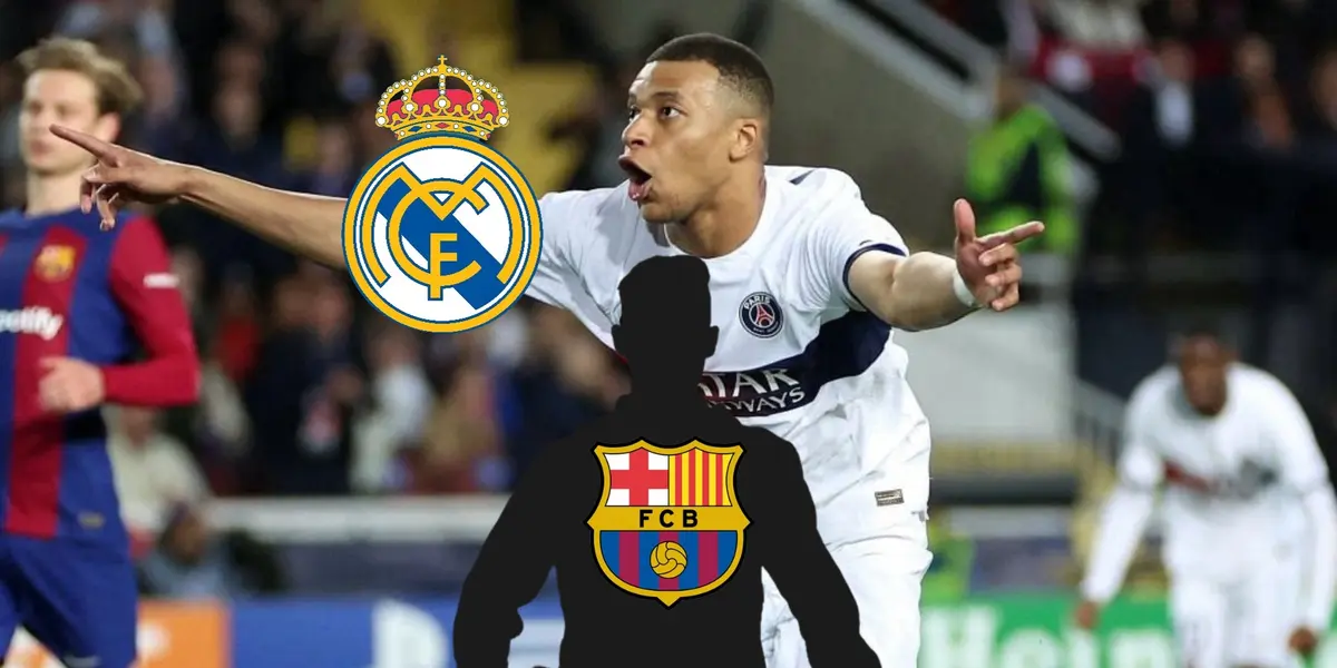 Kylian Mbappé celebrates his goal while the Real Madrid badge is next to him and the mystery player has an FC Barcelona badge next to him.