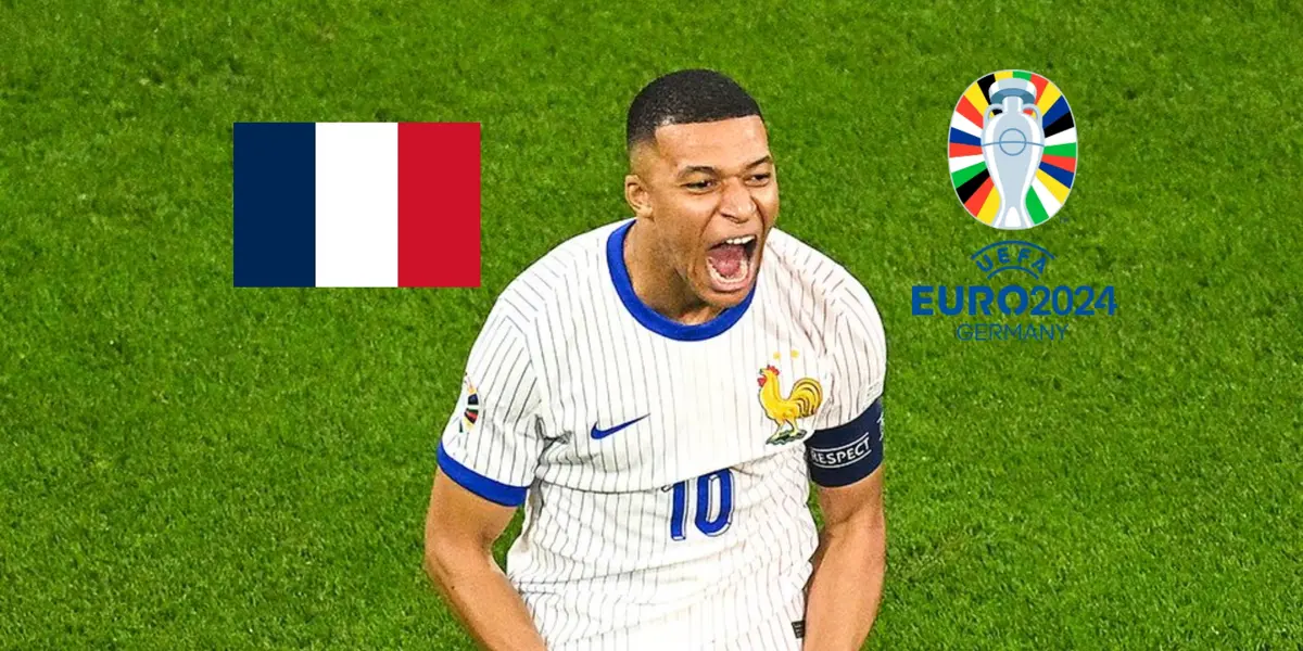 Kylian Mbappé celebrtaes a France goal at the EUROS with no mask; the French flag and the EURO 2024 logo is next to him. (Source: BR Football X)