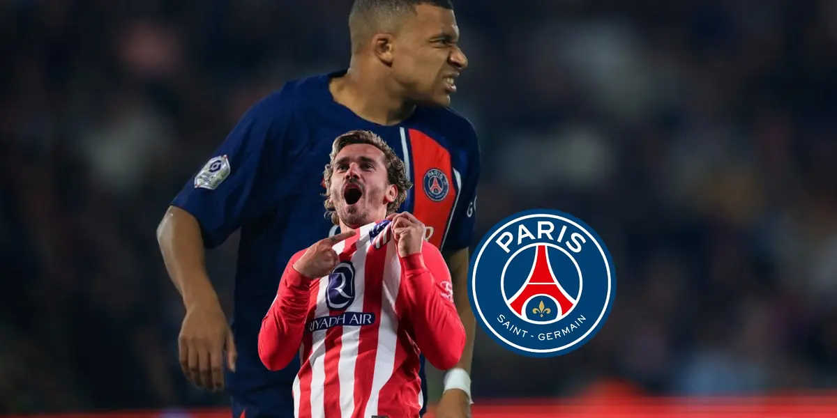 Kylian Mbappé looks ahead while wearing a PSG jersey and Antoine Griezmann points at the Atletico Madrid badge; the PSG logo is next to them.