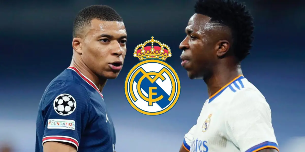 Kylian Mbappé looks at Vinicius Jr. while he is wearing a PSG jersey and the Brazilian is wearing the Real Madrid jersey; the Real Madrid crest is in the middle.