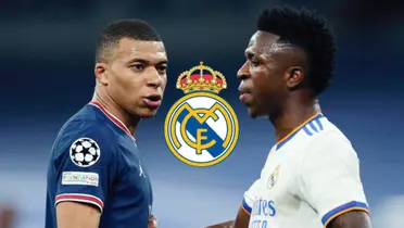 Kylian Mbappé looks at Vinicius Jr. while he is wearing a PSG jersey and the Brazilian is wearing the Real Madrid jersey; the Real Madrid crest is in the middle.