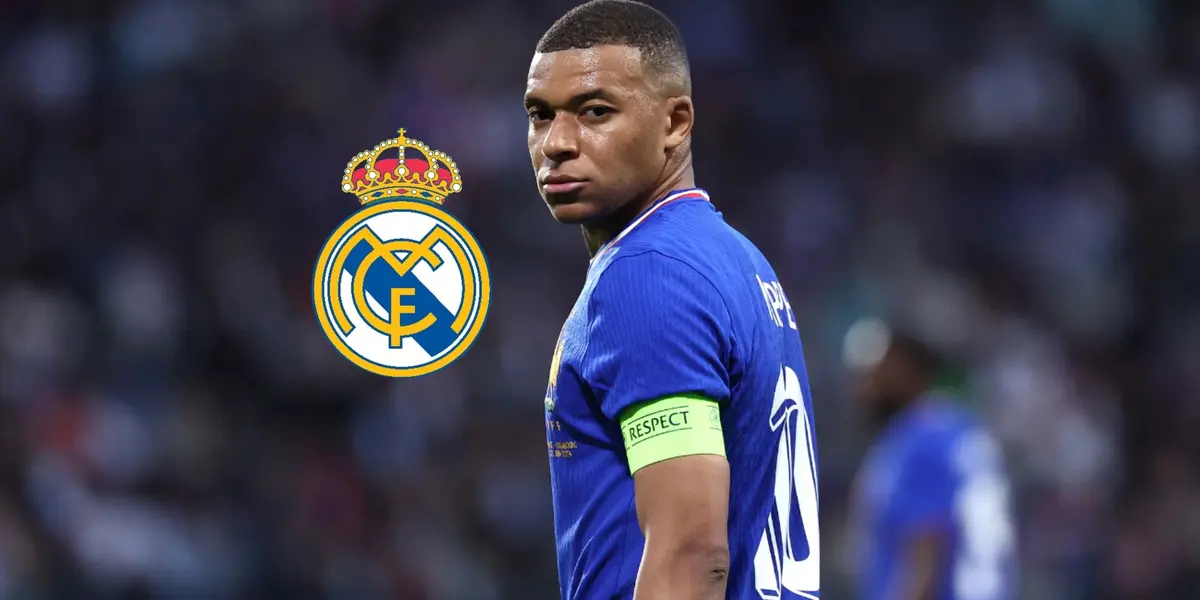 Kylian Mbappé looks back while wearing the French national team jersey and the Real Madrid badge is next to him.