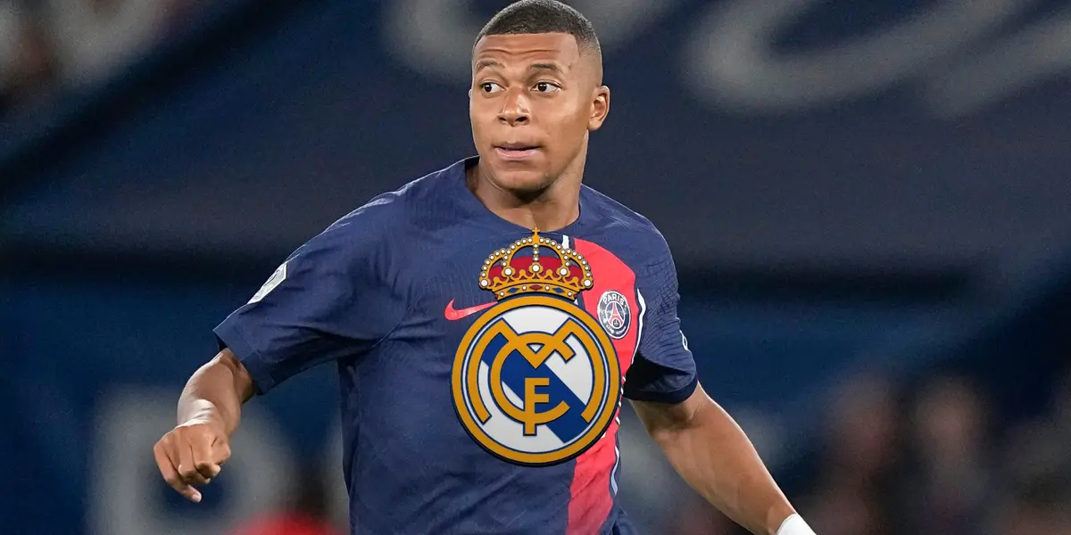 Kylian Mbappé looks to his right wearing a PSG jersey and there is a Real Madrid logo in the middle.