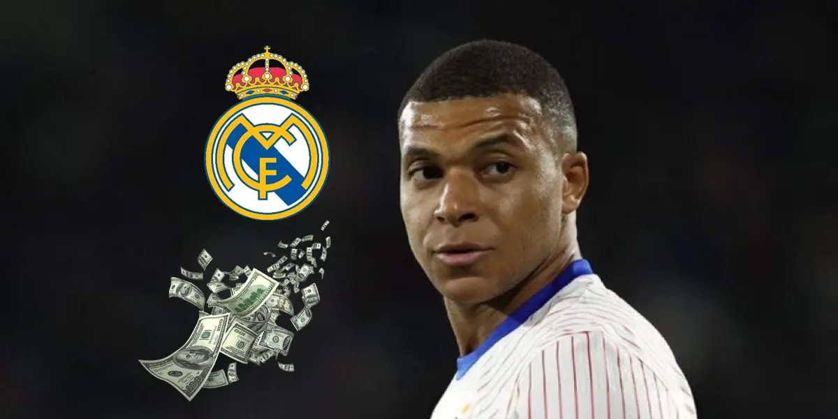 Kylian Mbappé looks to his right while the Real Madrid badge and flying money is next to him.