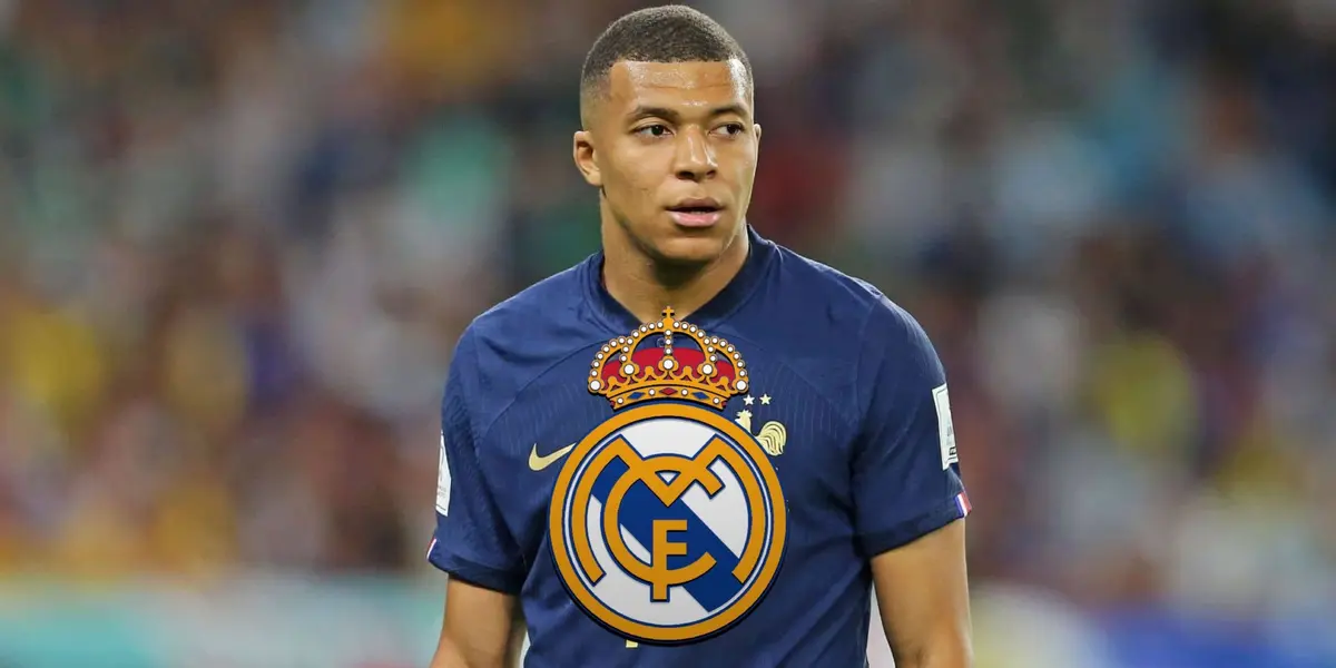 Kylian Mbappé looks to the side while wearing the French national team jersey and the Real Madrid logo is in the middle.