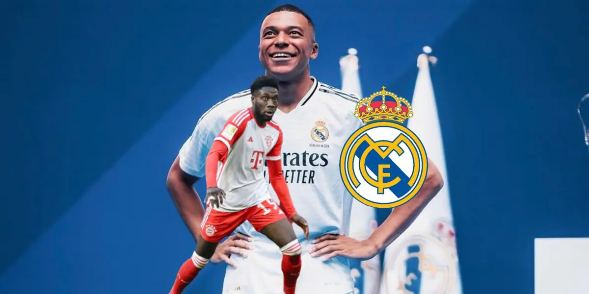 Kylian Mbappé looks up as he wears the Real Madrid jersey while Alphonso Davies plays for Bayern Munich and the Real Madrid logo is next to him. (Source: Madrid Xtra X, Roro_Bayern X)