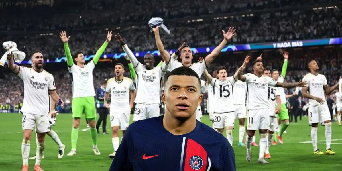 Kylian Mbappé looks up wearing a PSG shirt while the Real Madrid team celebrate a win together at the Santiago Bernabeu.