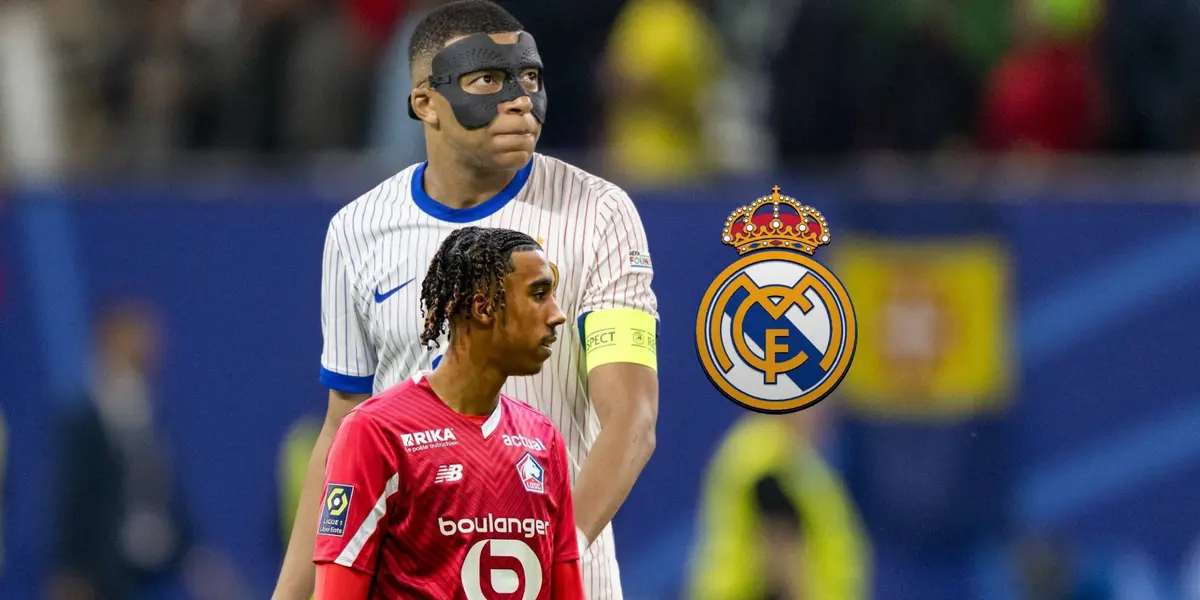 Kylian Mbappé looks up with a black mask while Leny Yoro looks to the side with a Lille jersey and the Real Madrid badge is next to him. (KM 10 Zone X, United Stand X)