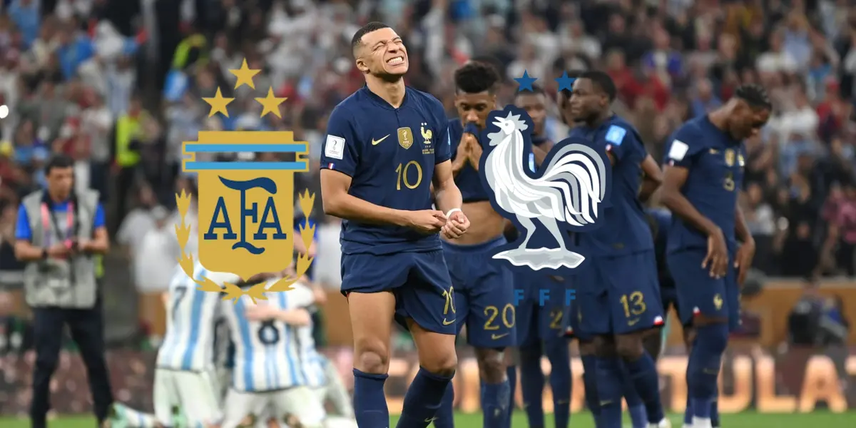 Kylian Mbappé looks upset while wearing the French national team jersey; the Argentina and France national team badges are next to him.