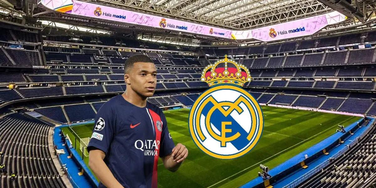 Kylian Mbappé looks worried while wearing a PSG shirt; the background of an empty renovated Santiago Bernabeu.