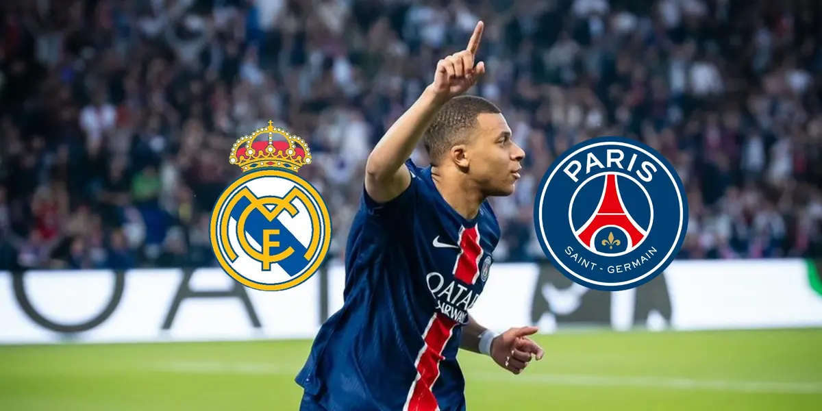 Kylian Mbappé points to the sky while wearing the PSG jersey; Real Madrid logo and PSG logo is next to him.