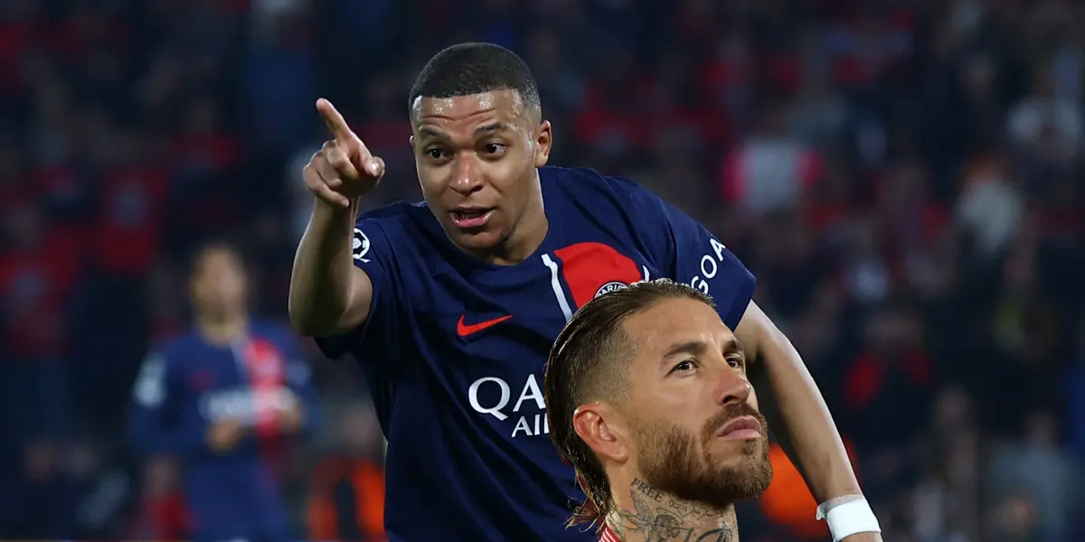 Kylian Mbappé points while wearing the PSG jersey and Sergio Ramos is serious below, wearing the Sevilla jersey.