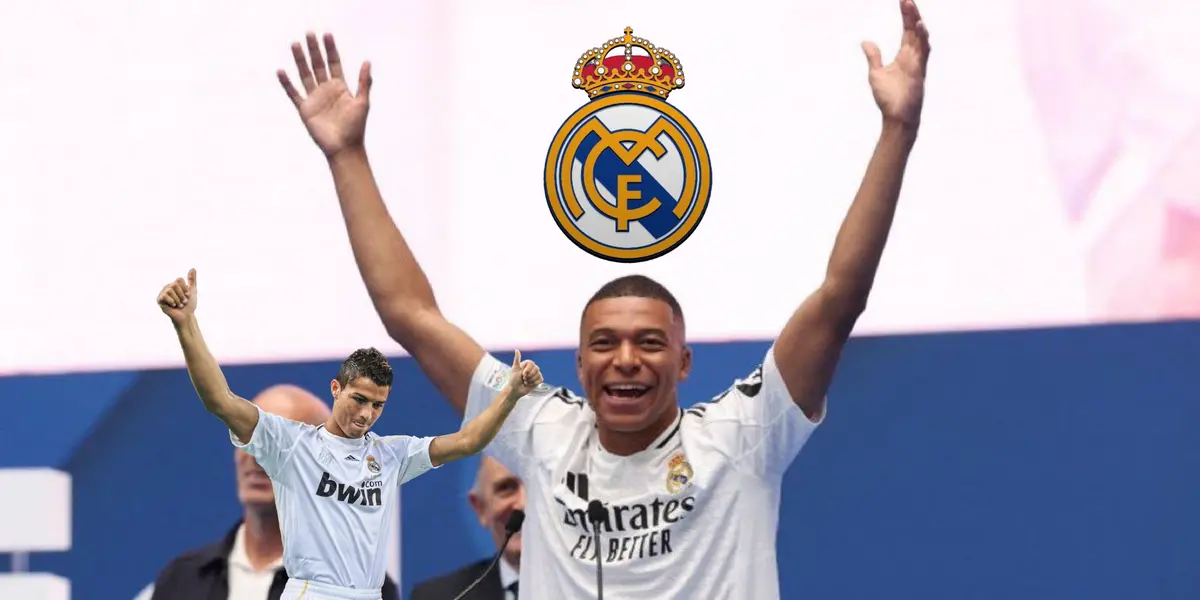 Kylian Mbappé puts his hands up with the Real Madrid badge on top of him while Cristiano Ronaldo throw thumbs up with the Real Madrid kit on. (Source: ESPN FC X, X)