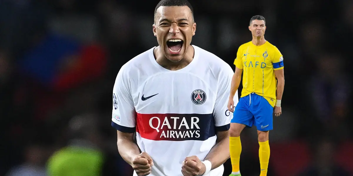 Kylian Mbappé screams with joy wearing an away PSG jersey while Cristiano Ronaldo looks dissatisfied wearing an Al Nassr jersey.